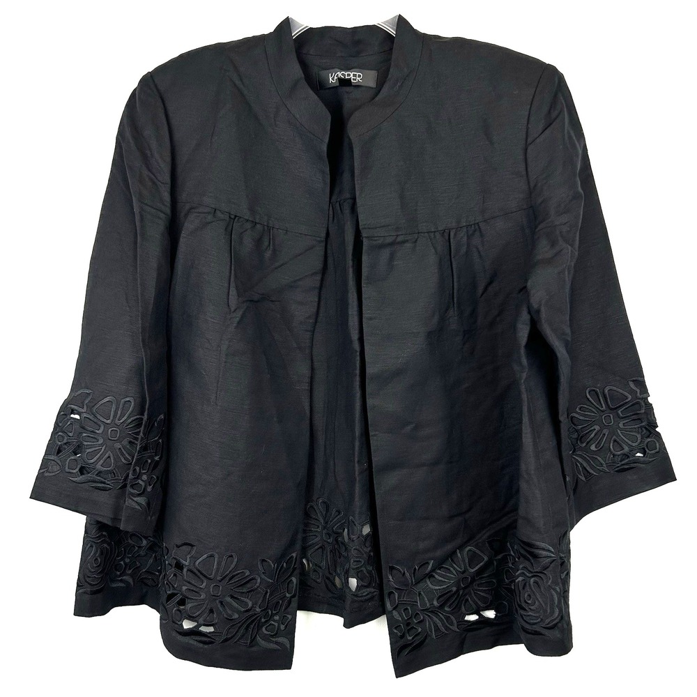 Blazer Womens 18 Jacket Black Linen Open Front Embroidered Eyelet Old Money